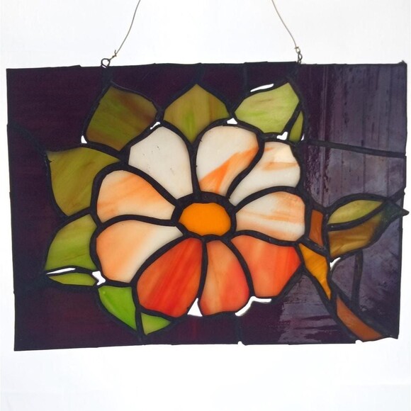 Stained Glass Panel Wall Hanging Window Decor 8 x 10 in Red Flower Art Glass - Picture 1 of 10